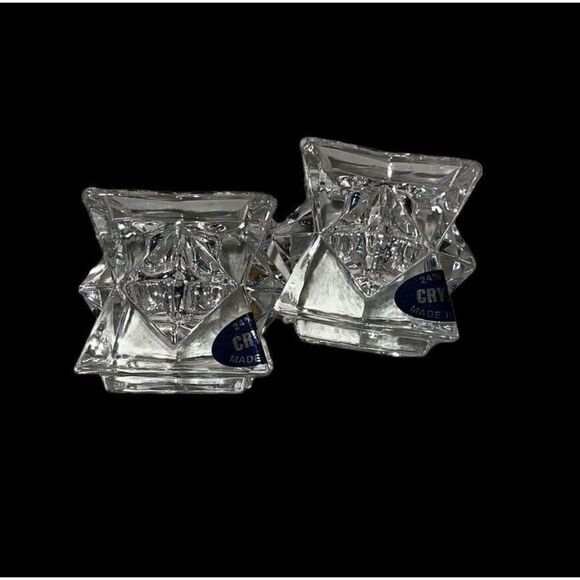 Star Glass Candle Taper Holder 24 % Lead Crystal Stackable Clear pair - Picture 5 of 6